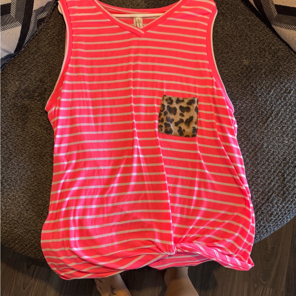 Pink Striped Tank Top with Leopard Pocket